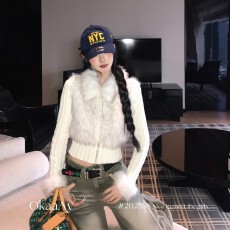 批发暖绒千金美式设计感拼接毛毛外套女秋冬高级感修身上衣