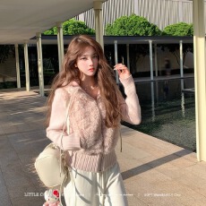 批发连帽环保皮草毛毛外套女冬羊羔毛针织拼接皮毛一体