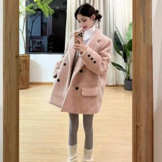 批发solo爆爆~暖棉质感~韩版含羊毛高级感粉色<b class='q'>西装</b>外套<b class='q'>双排扣</b>毛呢外套