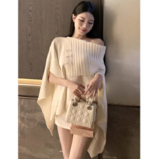 批发慵懒风白色斗篷毛衣女秋冬新款宽松一字肩<b class='q'>针织衫</b>外穿<b class='q'>罩衫</b>外套上衣