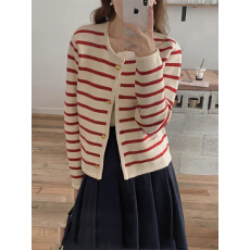 批发法式复古小香风条纹短款宽松慵懒风高级感针织开衫毛衣女外套上衣