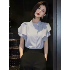 法式荷叶边短袖衬衫女2026春季新款蓝色立领修身显瘦百搭气质上衣