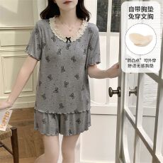 批发2025新款莫代尔睡衣女短袖短裤夏季薄款舒适睡衣套装(带胸垫）