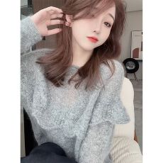 批发纯色镂空设计感圆领长袖大码<b class='q'>针织衫</b>女2025荷叶边百搭慵懒风上衣女