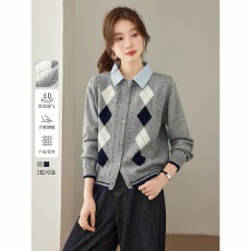 批发<b class='q'>假两件</b><b class='q'>衬衫</b>领菱格针织开衫女2026秋季新款学院风减龄短款毛衣外套