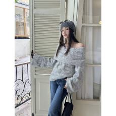 批发2026秋冬新款韩版宽松慵懒风一字肩毛衣女<b class='q'>露肩</b>针织衫