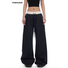 批发立体裤头包边原身撞色格子休闲裤女秋复古垂感<b class='q'>显瘦</b>阔腿运动裤子