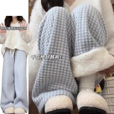 批发立体腰头千鸟格绒绒裤女秋冬2025新款小众<b class='q'>设计</b>感加厚垂感阔腿裤