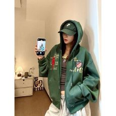 批发美式复古开衫拉链连帽<b class='q'>卫衣</b>绿色外套女秋季宽松<b class='q'>潮牌</b>刺绣帽衫
