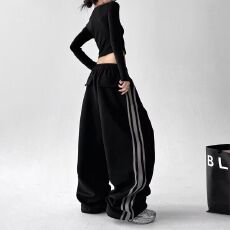 批发美式三杠运动裤女秋季复古嘻哈街头爵士舞宽松直筒阔腿<b class='q'>休闲</b>裤