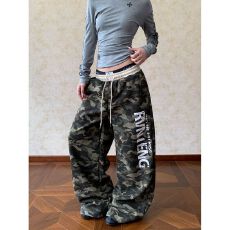 批发腰头拼接印花抽绳迷彩休闲裤女宽松直筒拼接腰头运动裤子