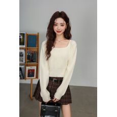 批发春秋季法式方领<b class='q'>修身</b>紧身长袖打底针织衫上衣小个子短款毛衣女内搭