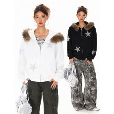 批发【纯棉烫钻毛领可拆】美式毛领连帽<b class='q'>开衫</b>女设计感烫钻星星宽松外套