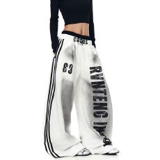 批发【纯棉复合双腰头】高街脏脏做旧字母双腰头卫裤男女<b class='q'>设计</b>感阔腿裤