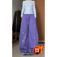 批发纯棉复合380阔腿休闲裤女春秋冬加绒<b class='q'>设计</b>感小众高腰直筒拖地长裤