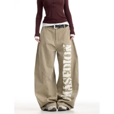 批发原版水洗纯棉美式复古辣妹<b class='q'>设计</b>感印花工装裤女宽松休闲阔腿长裤