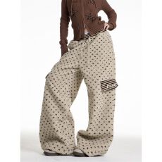 批发爱心满印羊羔绒阔腿裤宽松<b class='q'>锦鲤</b>复古设计显瘦休闲百搭拖地<b class='q'>长裤</b><b class='q'>女</b>