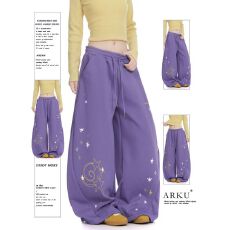 批发【纯棉复合】美式复古星星解构弯刀<b class='q'>休闲裤</b><b class='q'>女</b>宽松保暖爵士舞阔腿<b class='q'>裤</b>