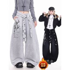 批发纯棉复绒腰带可拆美式复古十字架绑带做旧弯刀裤男<b class='q'>女</b>加绒阔腿<b class='q'>裤</b>