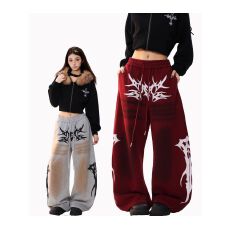 批发纯棉复合美式复古脏脏做旧图腾印花弯刀卫裤男<b class='q'>女</b>潮牌宽松阔腿<b class='q'>裤</b>