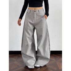 批发【条纹弯刀西裤】休闲裤女<b class='q'>街头</b>先锋春秋高腰显瘦阔腿裤宽松长裤子
