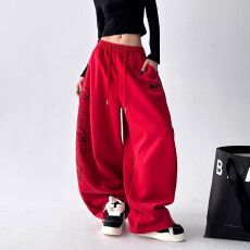 批发纯棉复合牛奶丝（原版刺绣）宽松休闲裤女春<b class='q'>高腰</b>直筒阔腿长裤子