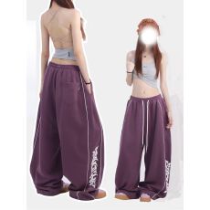 批发纯棉复合辣妹紫色抽绳阔腿裤女宽松<b class='q'>百搭</b>街舞潮牌休闲裤拖地长裤