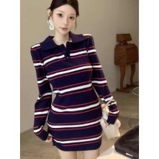 批发纯欲辣妹翻领撞色条纹针织连衣裙收腰显瘦打底内搭长袖<b class='q'>包臀</b>短裙子