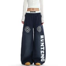 批发【原版做法】双腰头辣妹水洗印花休闲卫裤女宽松阔腿裤女设计感裤