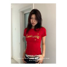 批发原版做法纯棉220克40支食毛+手感有弹力印花修身收腰短袖t恤女