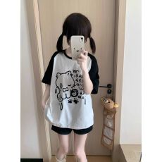 批发高质量纯棉200克21支精梳紧密印花插色牛角袖宽松拼色短袖恤女