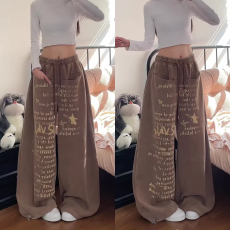 批发【纯棉水洗】字母印花阔腿裤女宽松垂感慵懒长裤高街风<b class='q'>运动</b>休闲裤