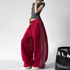 批发【实价】条纹拼色设工装裤女春新款高腰宽松显瘦百搭直筒弯刀裤