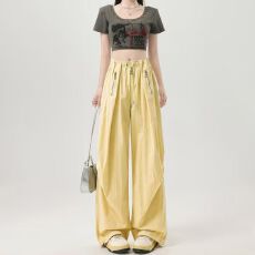 批发【实价】大口袋美式复古工装裤女春夏宽松休闲阔腿速干高腰<b class='q'>运动</b>裤