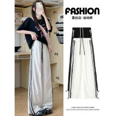 批发黑色蕾丝边速干工装裤女夏季薄款2026新款休闲冲锋条纹阔腿<b class='q'>运动</b>裤