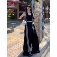 批发美式辣妹街头三条杠垂感阔腿裤女夏季宽松速干休闲<b class='q'>运动</b>裤
