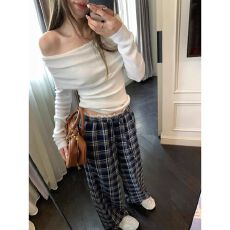 批发【立体腰头】藏青格子花边休闲裤女秋新款磨毛设计宽松阔腿裤