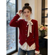 批发【人棉抓毛】荷叶边波点针织打底衫女春季宽松显瘦设计感上衣