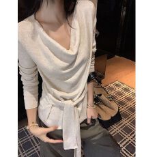 批发【随心裁】气质白色<b class='q'>韩版</b>系带设计<b class='q'>长袖</b>女装秋季百搭宽松显瘦上衣