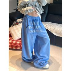 批发【原版烫钻】烫钻字母水洗蓝色<b class='q'>运动</b>裤女跳舞宽松阔腿直筒百搭卫裤