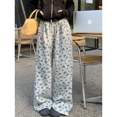 批发华棉复合复古碎花高腰休闲裤女装<b class='q'>冬</b>季加绒加厚直筒裤阔腿裤遛弯裤