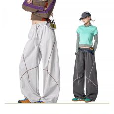 批发立体包边塔丝隆复网阔腿裤女奢路夏季<b class='q'>宽松</b>运动裤撞色垂感休闲裤