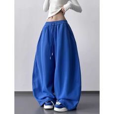 批发美式复古高腰系带阔腿裤女春夏宽松<b class='q'>休闲裤</b>蓝色垂坠感<b class='q'>运动</b>风直筒裤