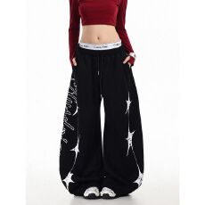 批发纯棉复合美式星星印花阔腿裤女宽松街头潮流爵士舞裤休闲裤长裤