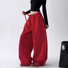 批发纯棉华棉原版腰带】高腰<b class='q'>阔腿裤</b>女春夏<b class='q'>显瘦</b>宽松慵懒风藏肉运动长<b class='q'>裤</b>