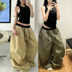 批发【塔丝隆复合】降落伞裤阔腿拼接松紧腰抽绳宽松美式工装<b class='q'>长裤</b>