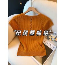 批发橘色短款短袖上衣女夏多巴胺明媚绝美巨好看后背镂空冰<b class='q'>丝</b>针织T恤