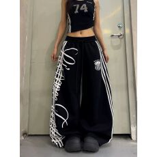 批发美式<b class='q'>运动</b>风字母印花条纹阔腿裤男女宽松显瘦垂感潮牌街舞休闲长裤