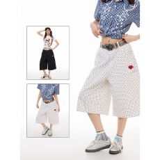 批发【水洗纯棉】美式波点阔腿<b class='q'>七分裤</b><b class='q'>女</b>夏季白色宽松大口袋休闲裤