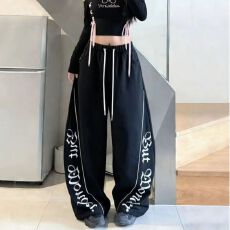 批发爵士跳舞酷辣黑色高腰休闲裤<b class='q'>女</b>夏季宽松字母印花双腰头<b class='q'>长裤</b><b class='q'>运动</b>裤
